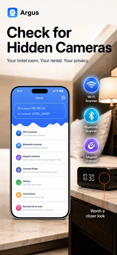 The Argus home screen on an iPhone in a hotel room, listing the Wi-Fi scanner, Bluetooth scanner, magnet scanner and camera finder, connected to a network named HOTEL_GUEST.