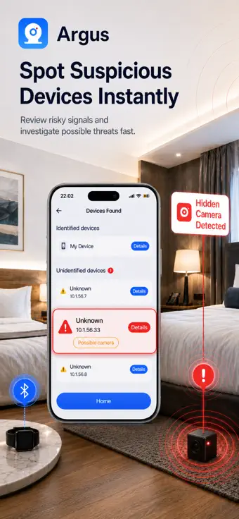 The Argus device list showing identified and unidentified devices on the network, with one unknown device at 10.1.56.33 flagged as a possible camera.