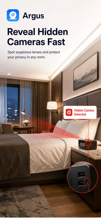A hotel room with a USB charger beside the bed flagged as a possible hidden camera.